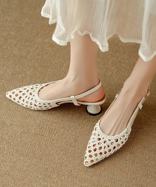 Women's Beige Pointed Toe Sandals Kitten Heel Cushioned Insole - OutfitLondon