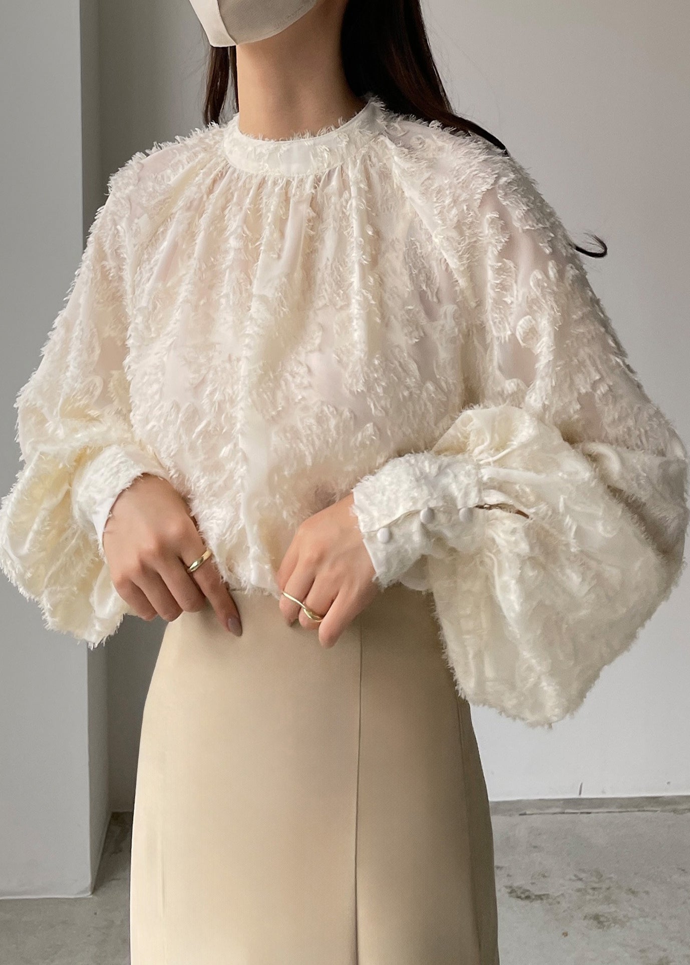 Women's Silk Blouse Beige Lantern Sleeves - OutfitLondon