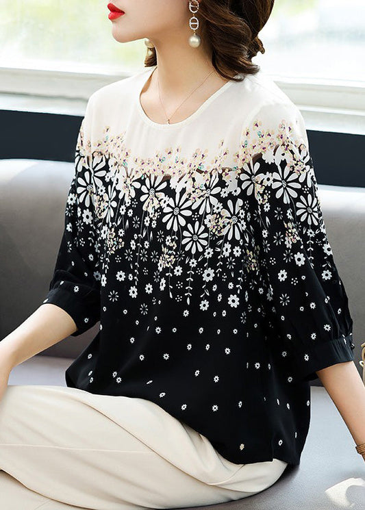Women's Silk Blouse Black Round Neck Lightweight - OutfitLondon