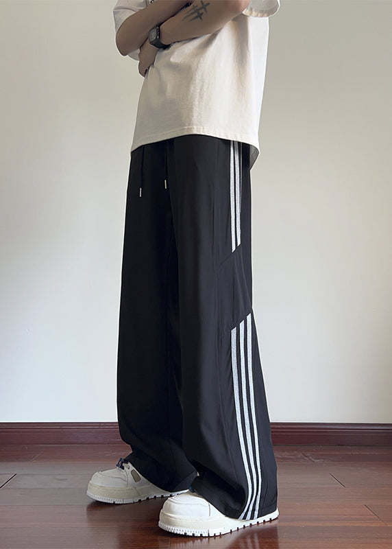 Men's Black Striped Cotton Wide Leg Pants - OutfitLondon