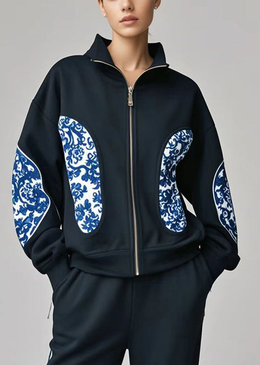 Women's Cotton Patchwork Jacket Zip Up Black Floral Print - OutfitLondon