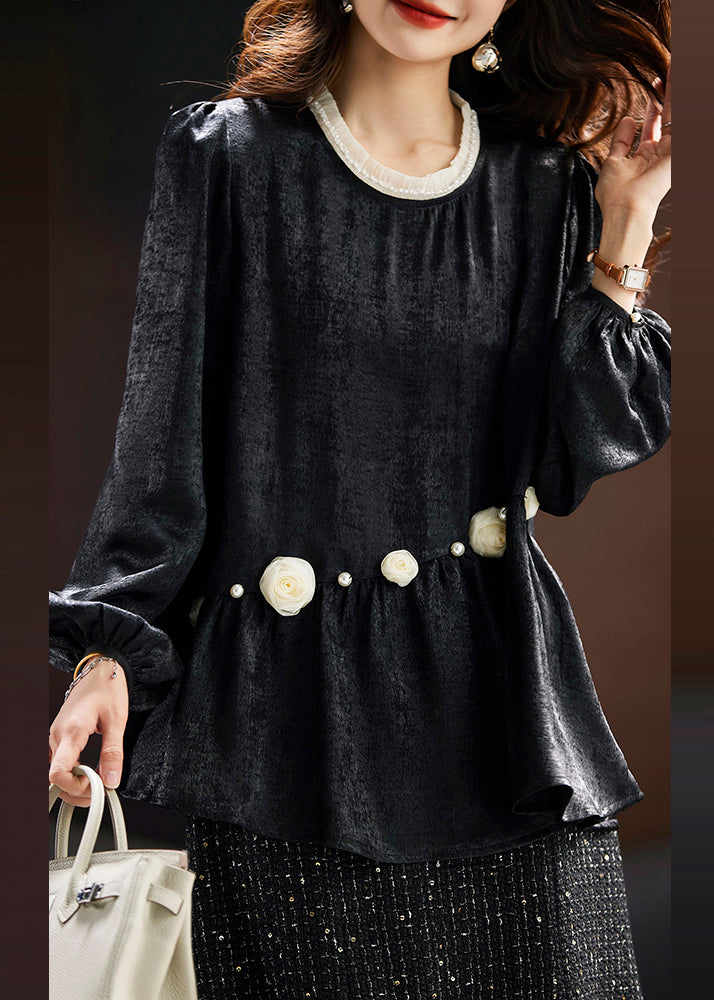 Women's Floral Long Sleeve Black Cotton Blend - OutfitLondon