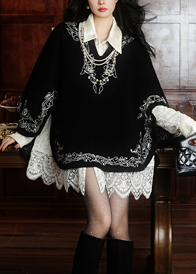 Women's Wool Cape Embroidered Stand Collar Black - OutfitLondon