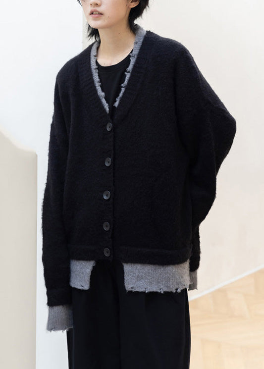 Women's Cotton Patchwork Sweater Set V Neck Black - OutfitLondon