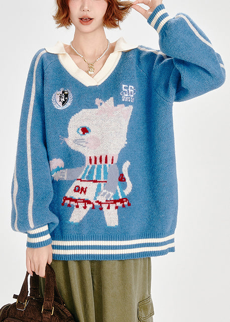 Women's Oversized Knit Blue Jacquard Warm - OutfitLondon