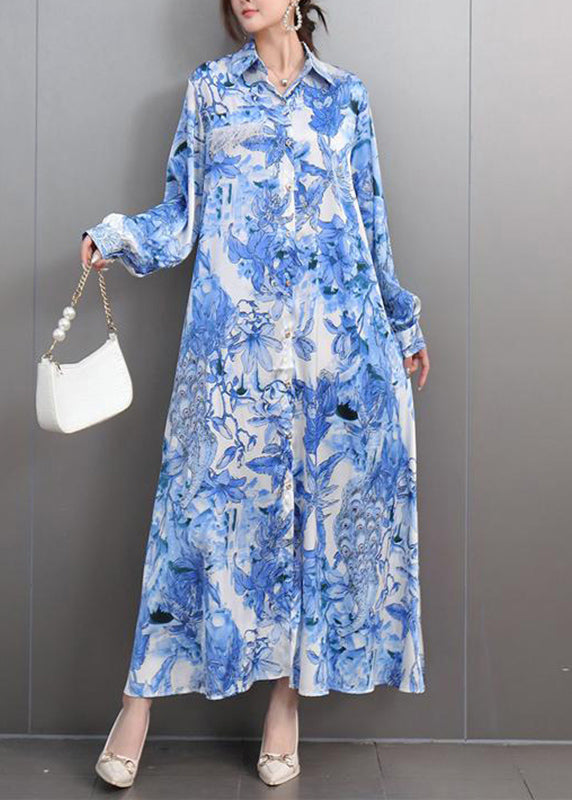 Women's Blue Floral Maxi Dress Peter Pan Collar - OutfitLondon