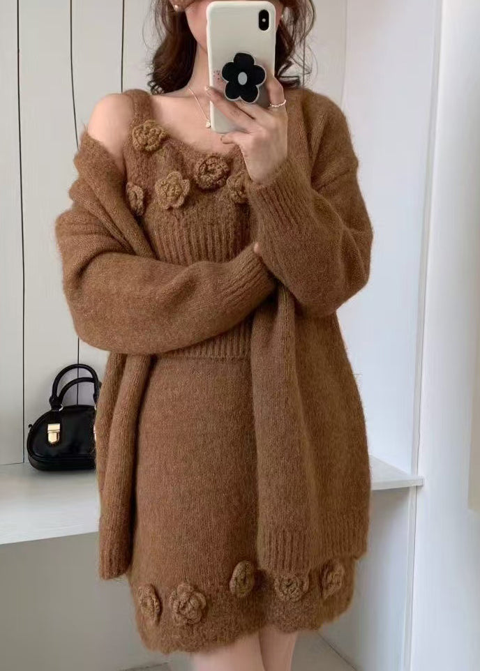 Women's Brown Floral Knit Set - OutfitLondon