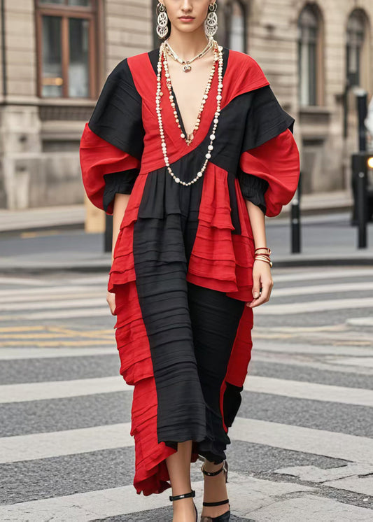 Women's Color Block Asymmetrical Dress Wrinkled Drape - OutfitLondon
