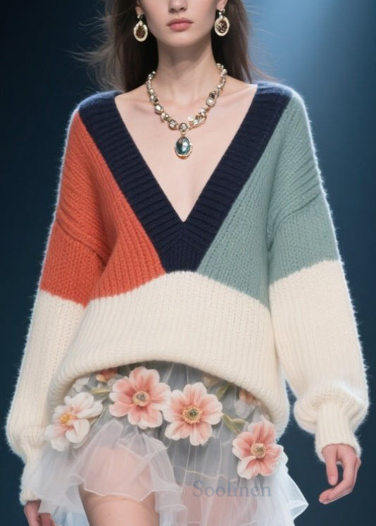 Women's V Neck Sweater Color Block Knit 5XL - OutfitLondon