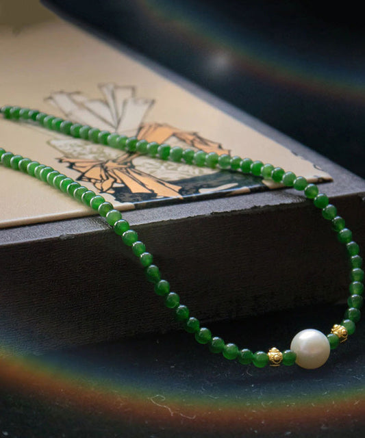 Women's Sterling Silver Green Pearl Necklace 46cm - OutfitLondon