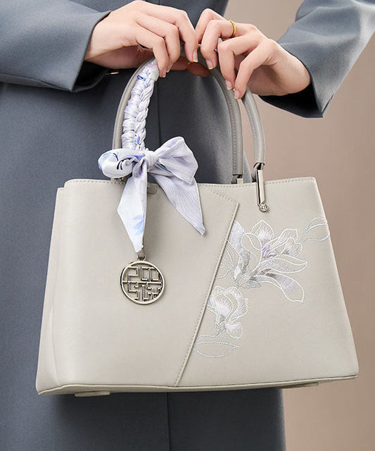 Grey Embroidered Leather Tote Bag For Women - OutfitLondon