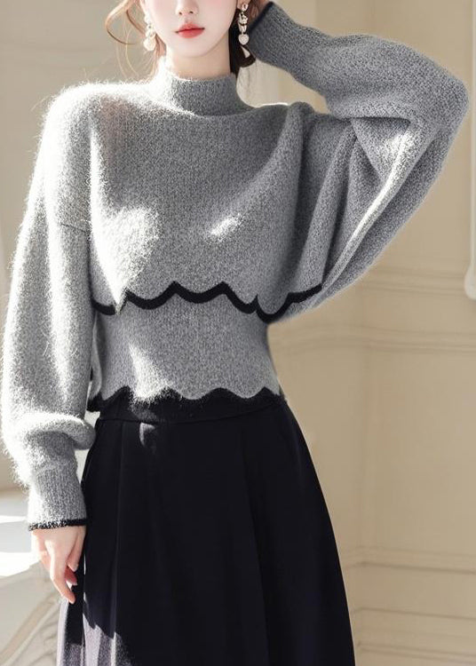 Women's Batwing Sweater Grey Knit Turtleneck - OutfitLondon