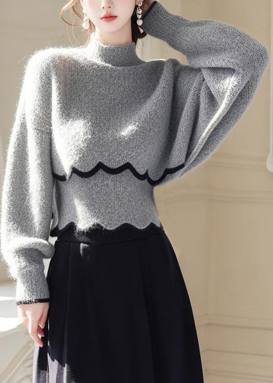Women's Batwing Sweater Grey Knit Turtleneck - OutfitLondon