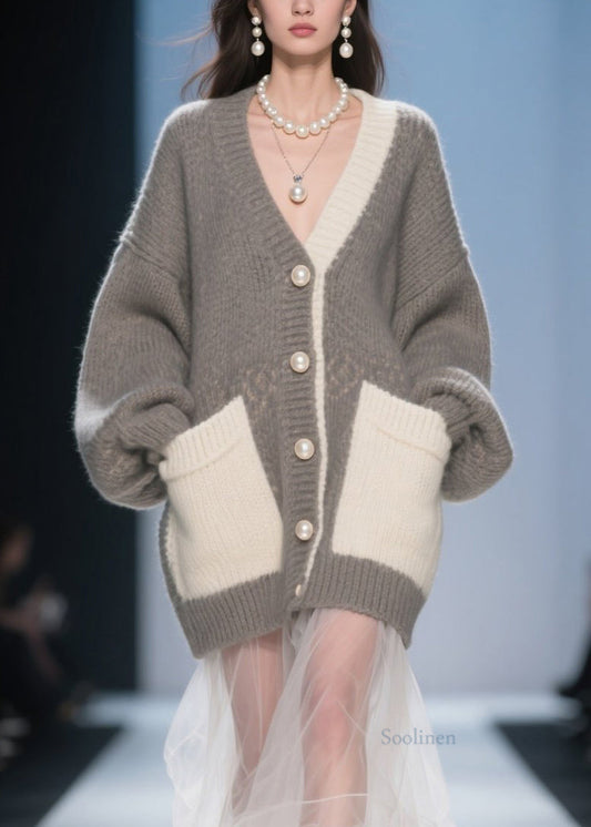 Women's Patchwork Cardigan Tulle Knit With Pockets Autumn - OutfitLondon