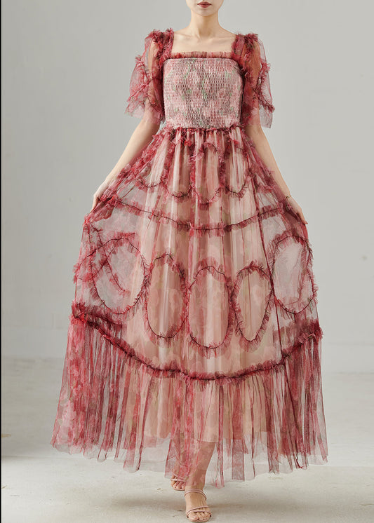 Women's Patchwork Tulle Maxi Dress Layered Ruffles - OutfitLondon