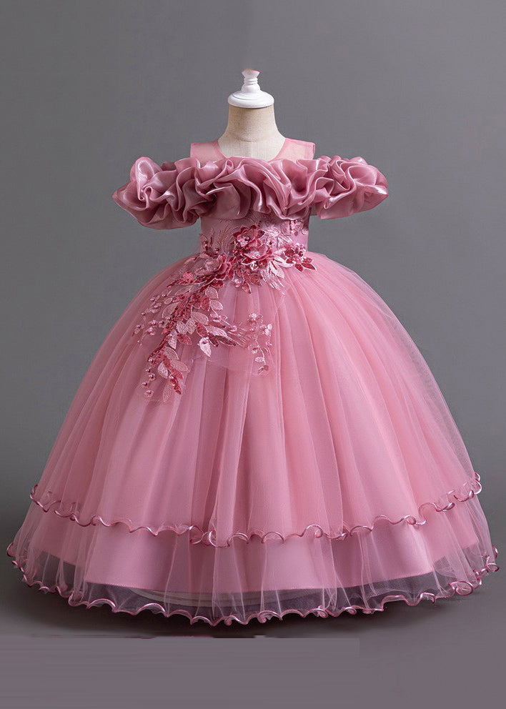 Girls Pink Tulle Long Dress Embroidered Bow - OutfitLondon