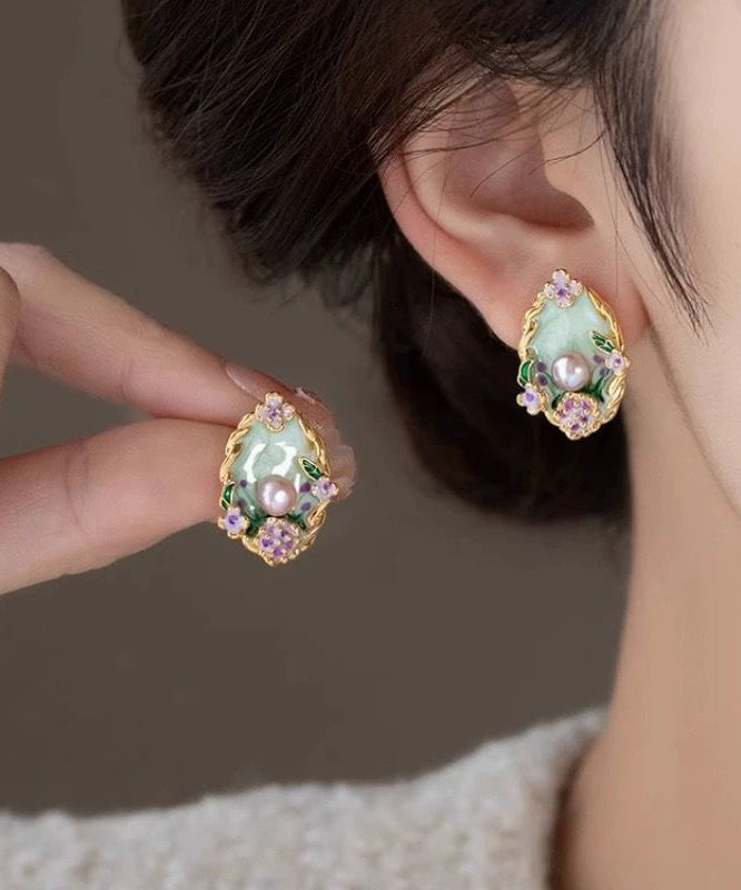Women's Floral Pearl Stud Earrings Copper Finish Rainbow - OutfitLondon