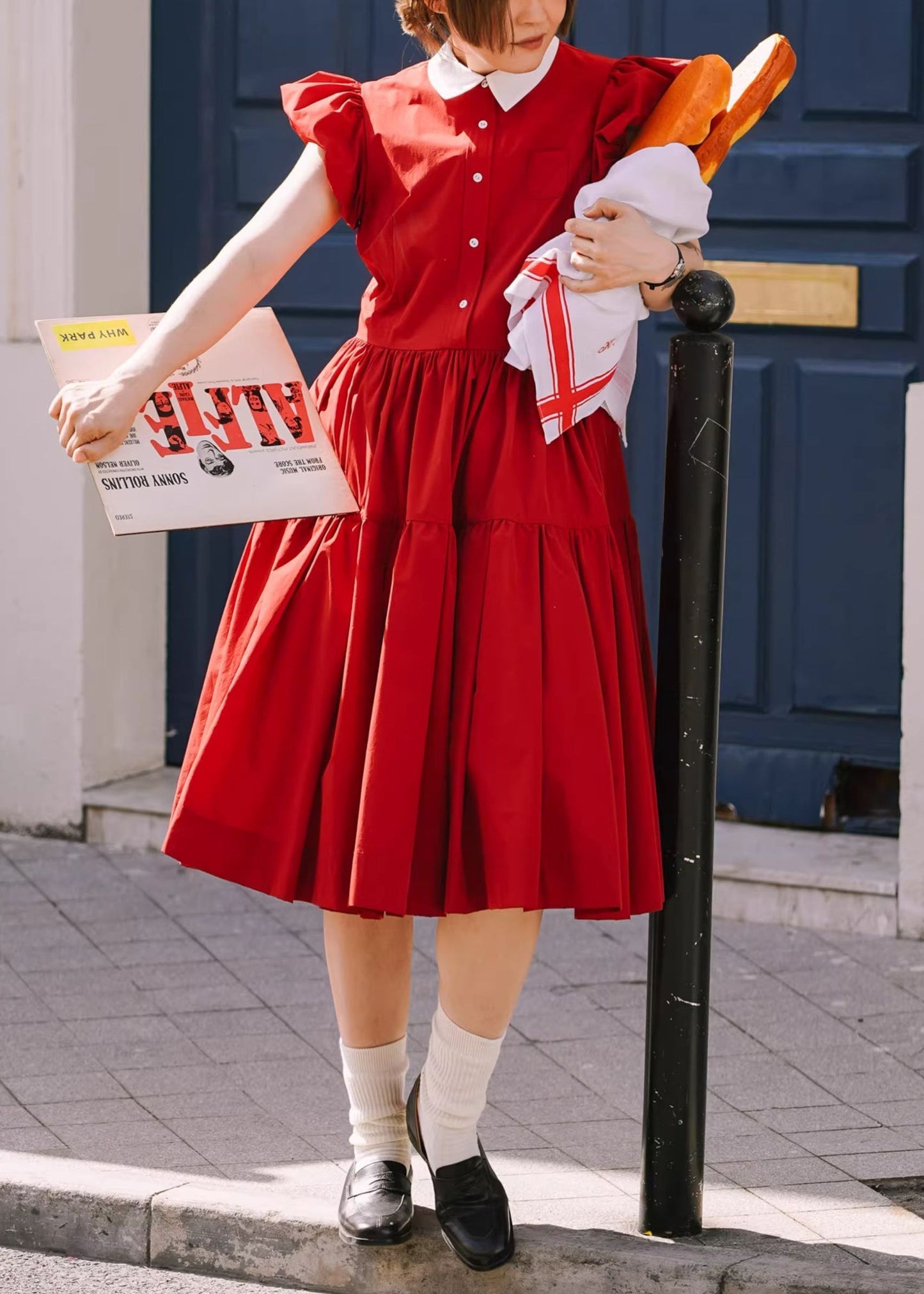 Women's Red Cotton Dress Peter Pan Collar Wrinkle Resistant - OutfitLondon