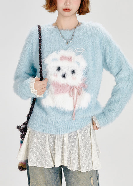 Women's Sky Blue Fluffy Knit Faux Fur Detail - OutfitLondon