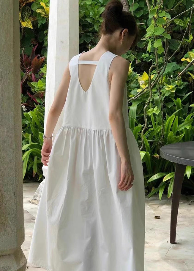 Women's White Cotton Blend Sleeveless Summer Dress - OutfitLondon
