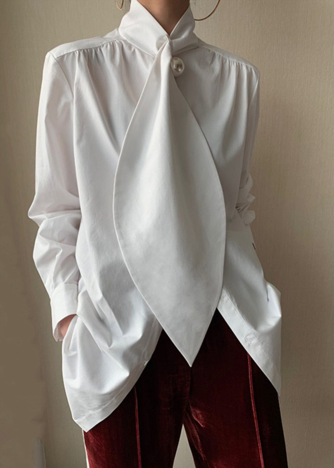 Women's Cotton Patchwork Shirt White Bow Relaxed Fit - OutfitLondon