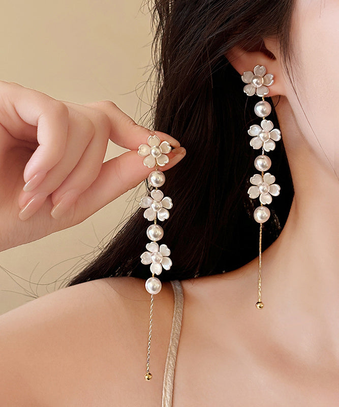 Women's White Copper Drop Earrings Floral Pom Pom 11cm - OutfitLondon