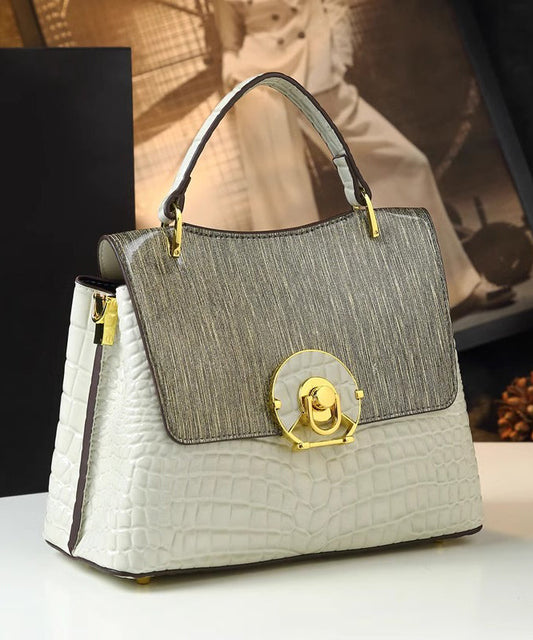 Women's Leather Tote Bag Large White Embossed Calfskin Zippered - OutfitLondon