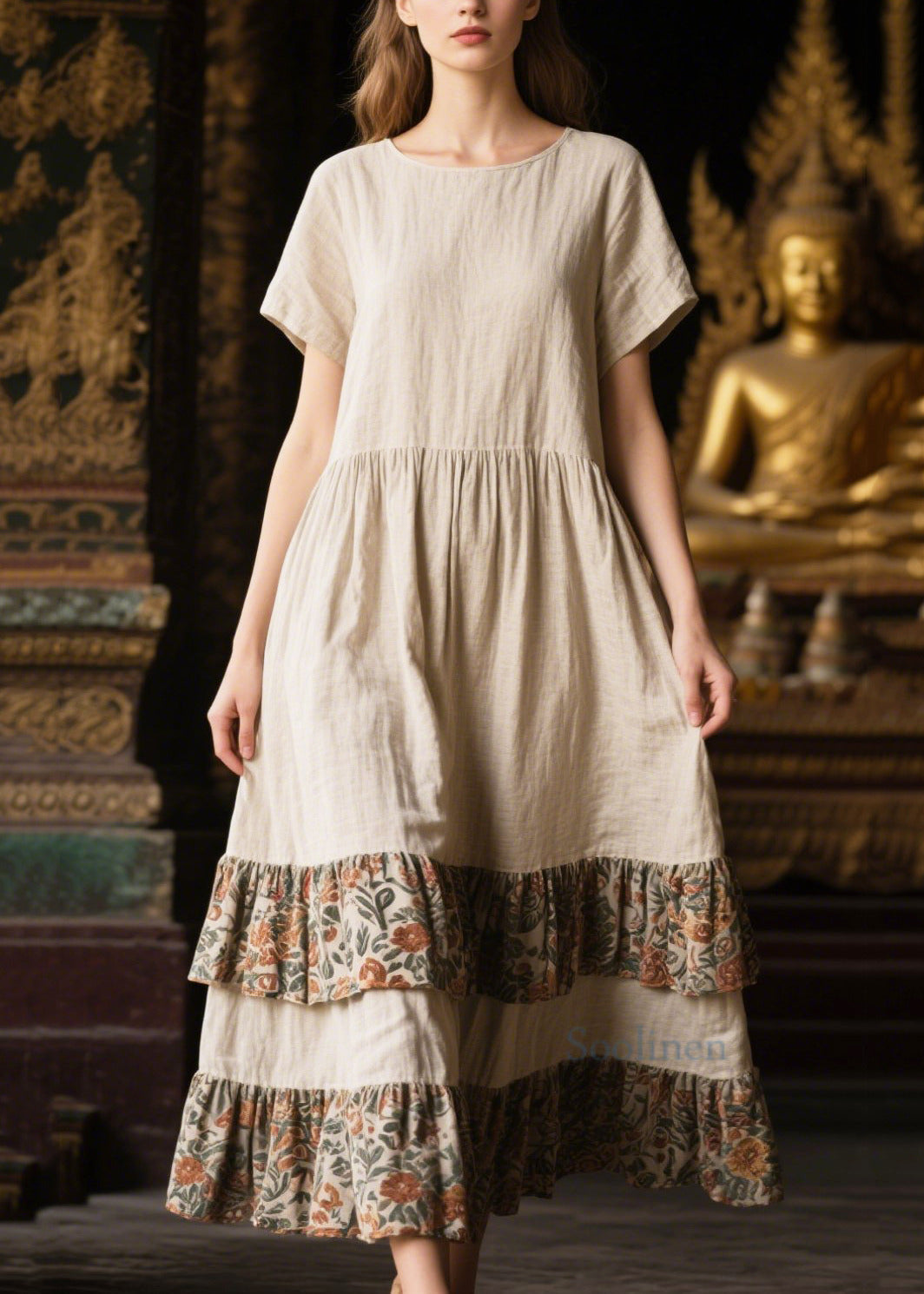 Women's White Linen Maxi Dress Patchwork Border - OutfitLondon