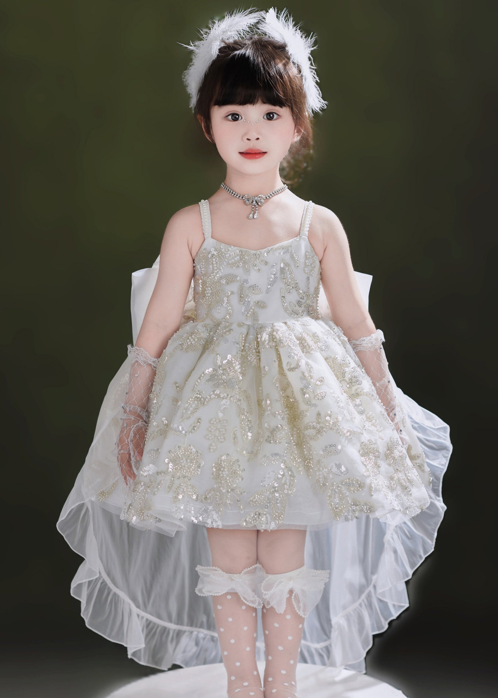 Girls Sequin Tulle Dress Set White - OutfitLondon