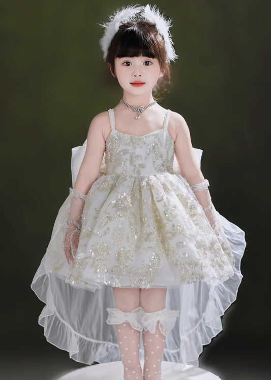 Girls Sequin Tulle Dress Set White - OutfitLondon