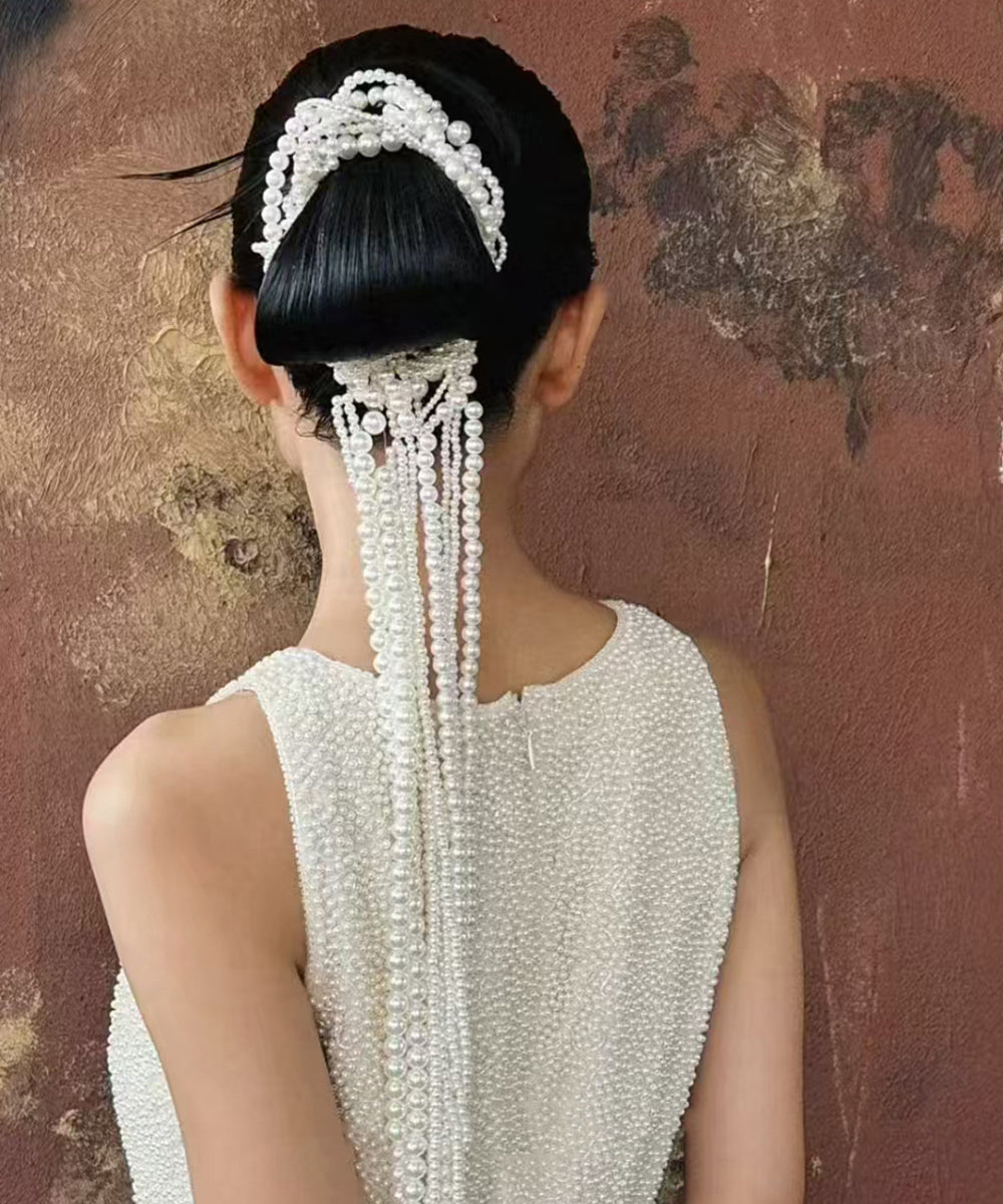Women's Pearl Hair Pin Braided Beadwork White - OutfitLondon