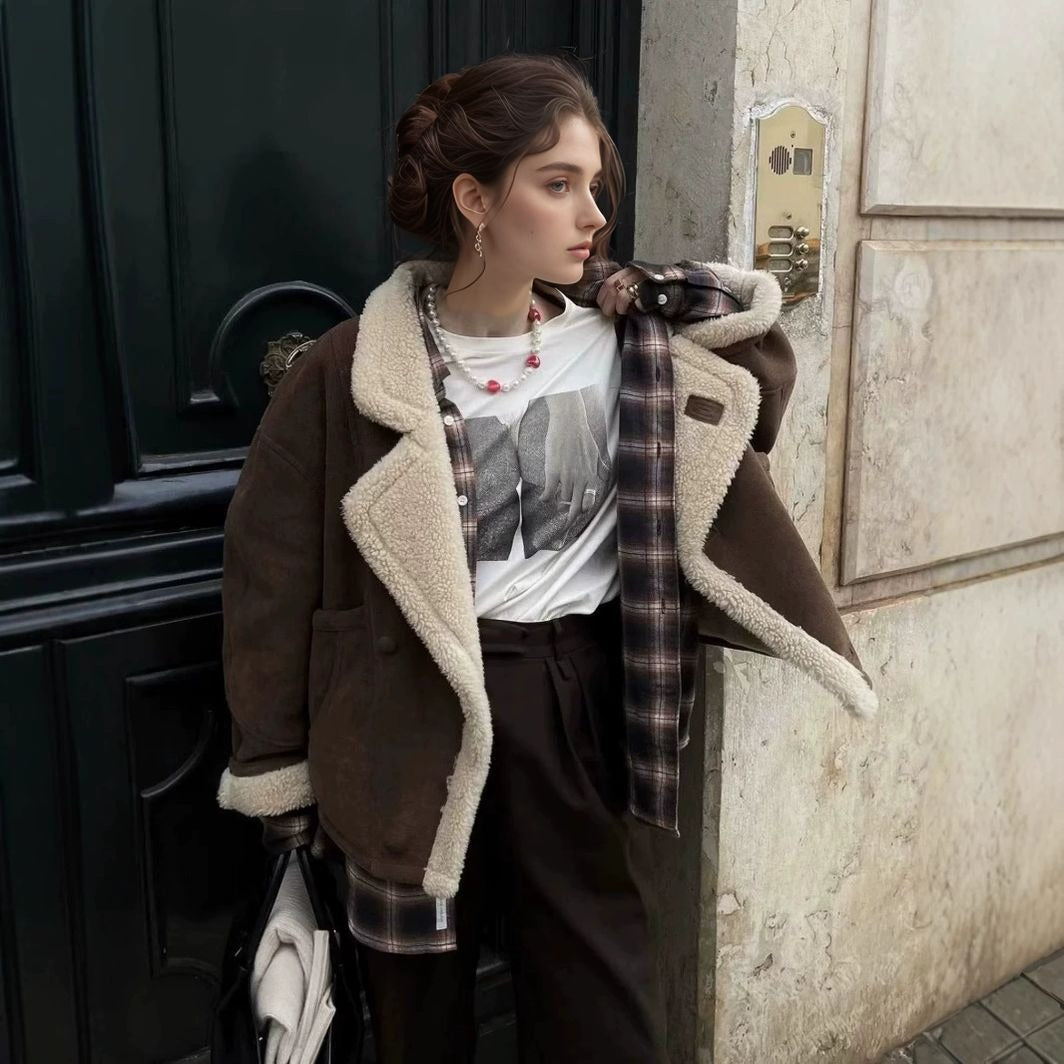 Soft Teddy Jacket with Faux Fur Lapel Collar