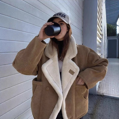 Soft Teddy Jacket with Faux Fur Lapel Collar