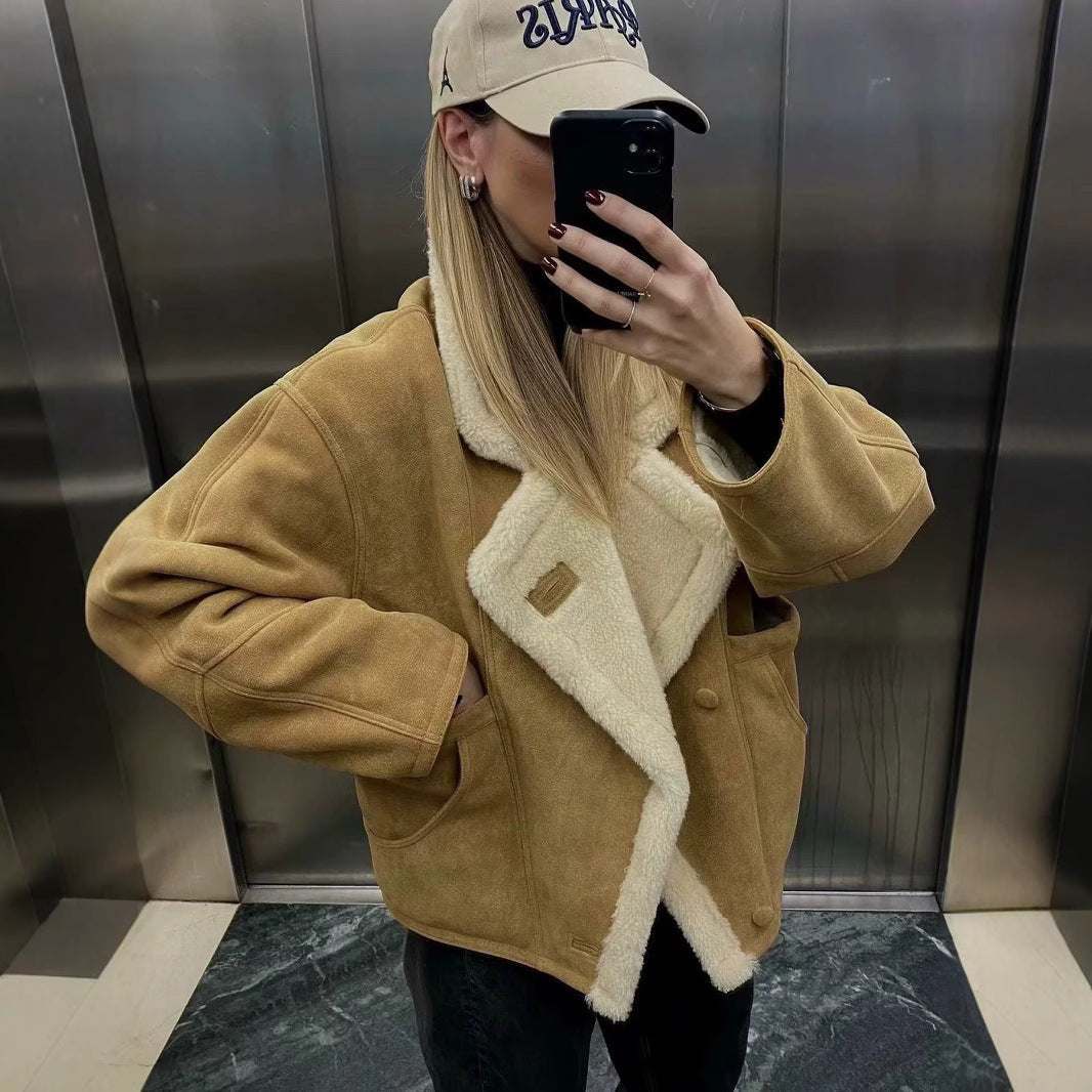 Soft Teddy Jacket with Faux Fur Lapel Collar