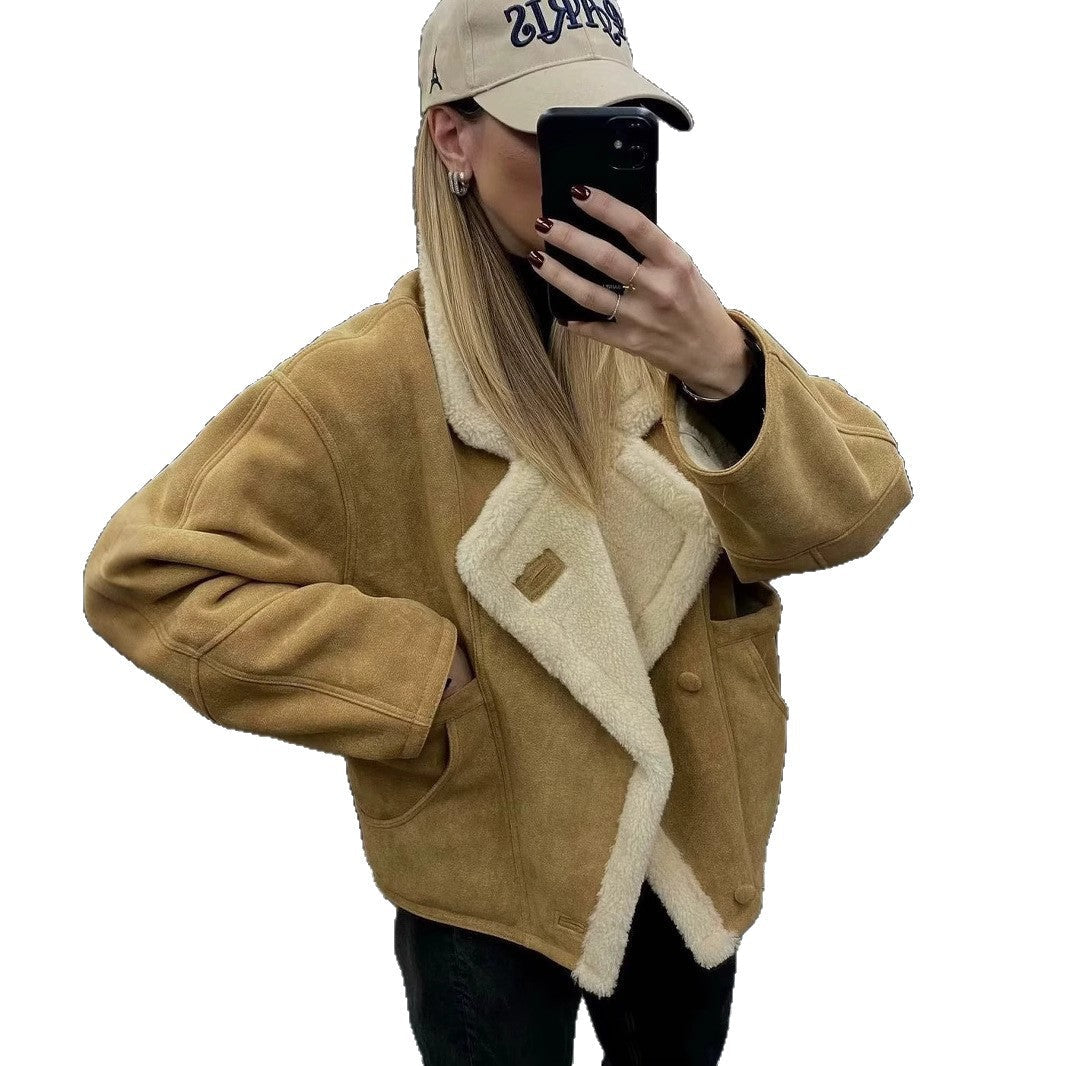 Soft Teddy Jacket with Faux Fur Lapel Collar