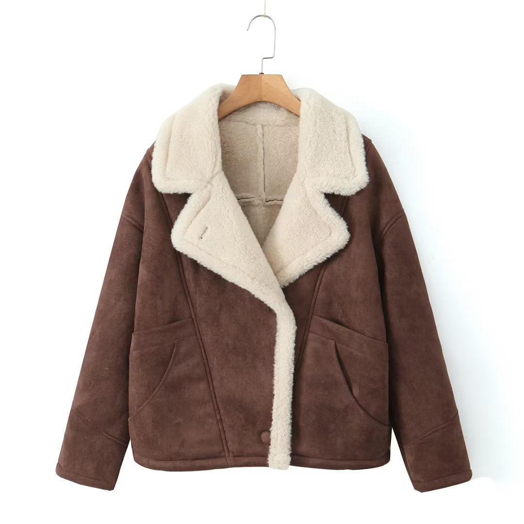 Soft Teddy Jacket with Faux Fur Lapel Collar