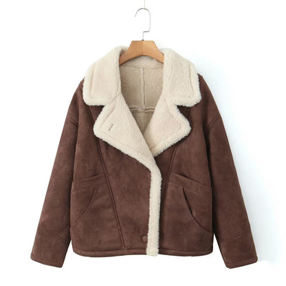 Soft Teddy Jacket with Faux Fur Lapel Collar
