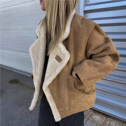 Soft Teddy Jacket with Faux Fur Lapel Collar