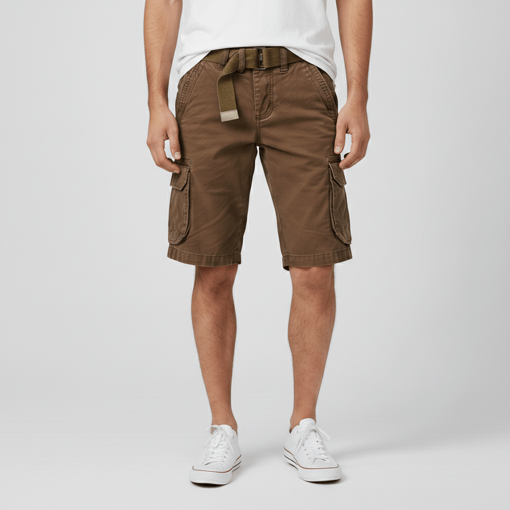 Relaxed Fit Cargo Shorts with Side Pockets and Belt - OutfitLondon