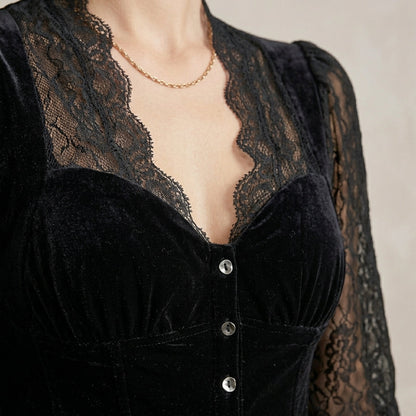 Elegant Fitted Lace Detail Women's Blouse