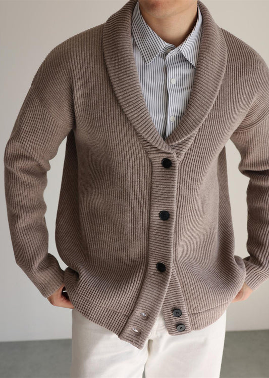 Mens Knitted Cotton Cardigan Coffee Brown Button Front Peter Pan - OutfitLondon