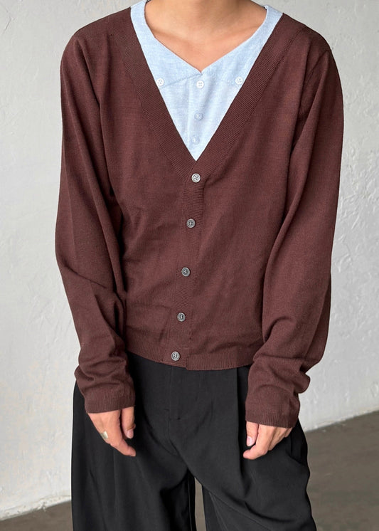 Men's Patchwork Cardigan Soft Cotton Coffee Brown Knit Set - OutfitLondon