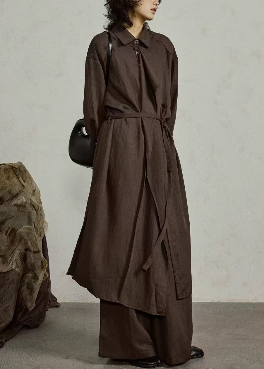 Women's Cotton Maxi Shirt Ruffles Coffee Buttons Open Side - OutfitLondon