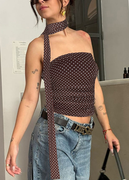 Women's Strapless Tank Cotton Polka Dot Coffee Lightweight - OutfitLondon