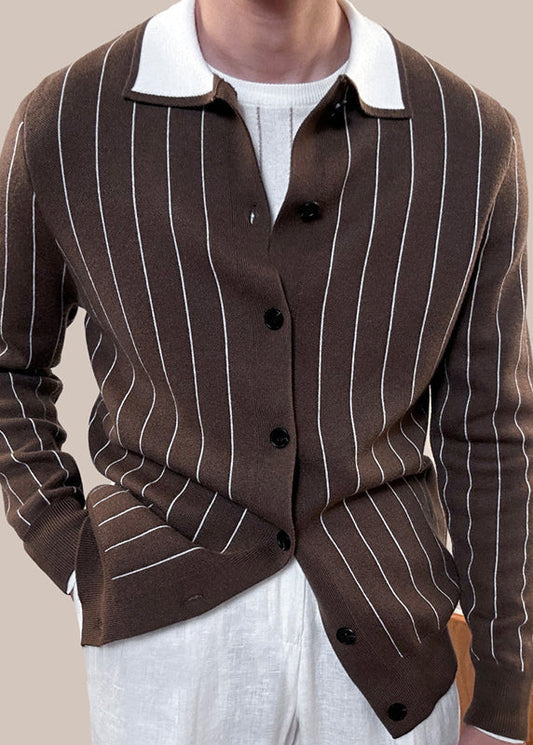 Men's Knit Cardigan Classic Stripes Button Front - OutfitLondon
