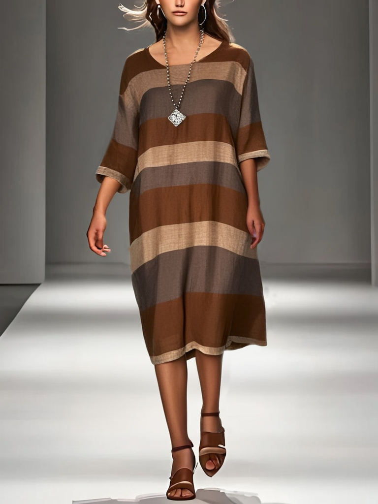 Women's Linen Midi Robe V Neck Short Sleeves Beige - OutfitLondon