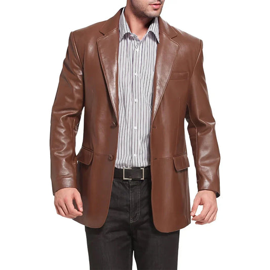 Men's Leather Blazer Brown Notched Lapel Two Button - OutfitLondon