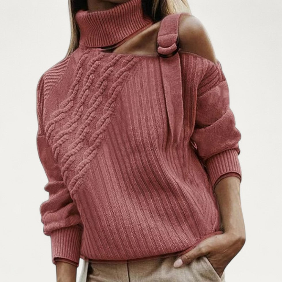 Women's Off Center Knit Turtleneck Sweater - OutfitLondon