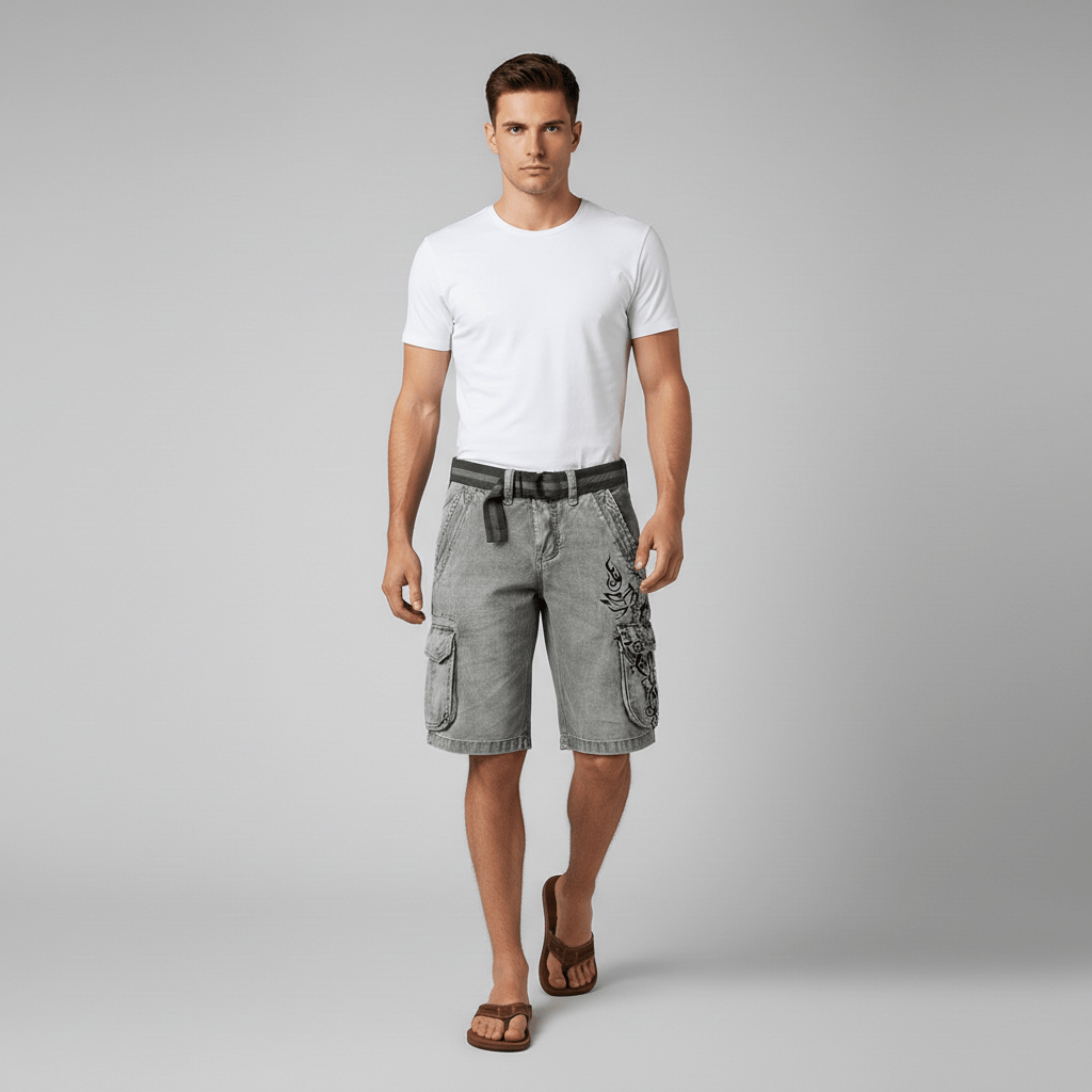 Relaxed Fit Cargo Shorts with Pockets and Adjustable Belt
