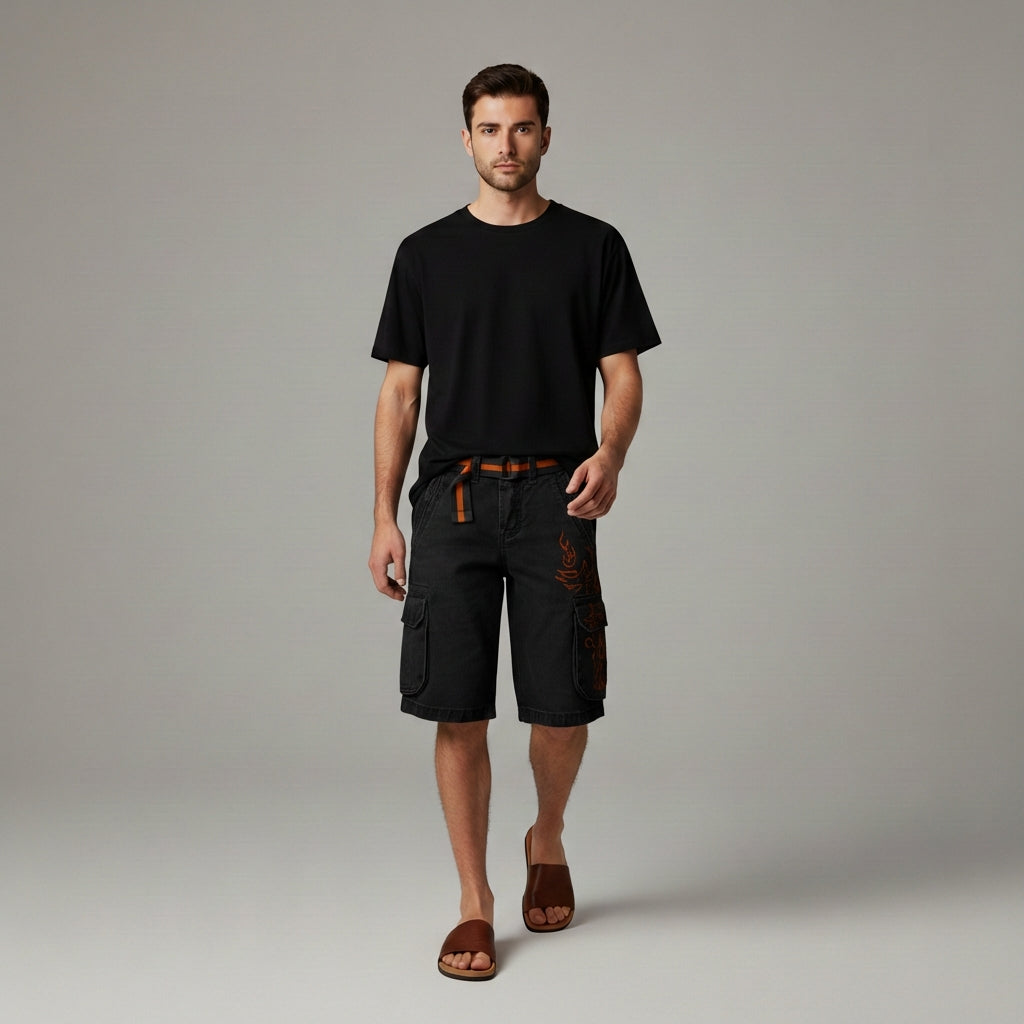 Relaxed Fit Cargo Shorts with Pockets and Adjustable Belt